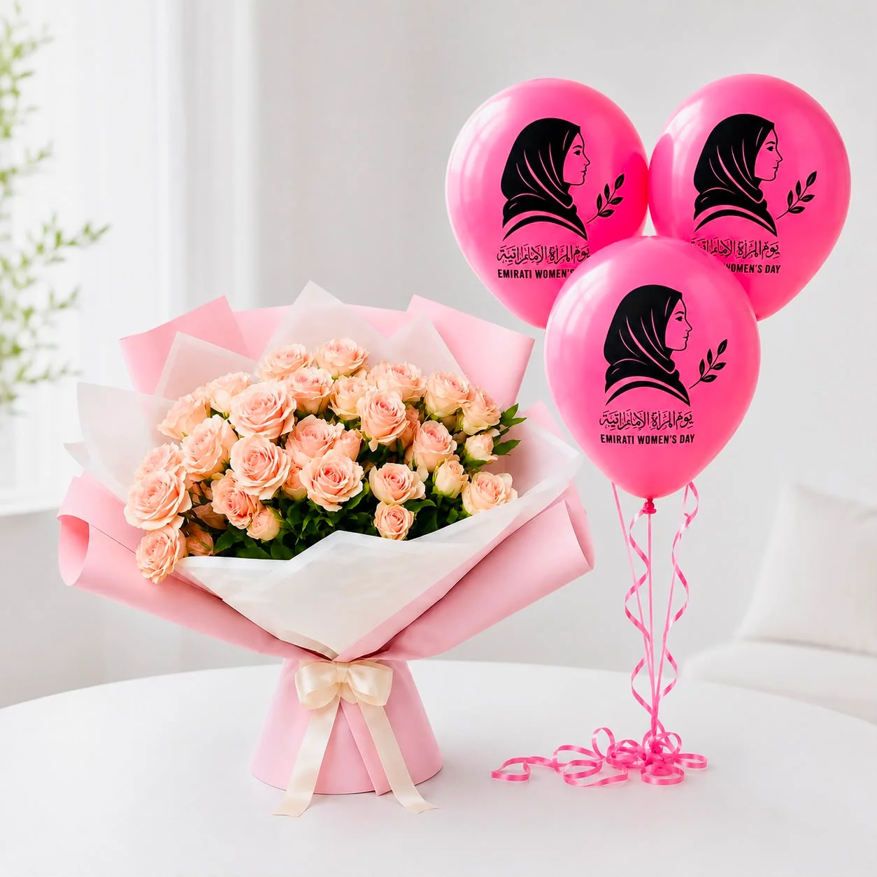 Emirati Women’s Day rose balloon set with 10 pink spray roses and 3 festive balloons for her